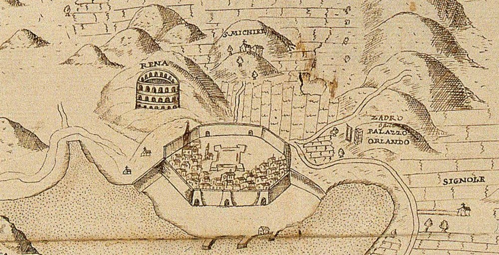 Prospero Petronio – veduta grada Pule iz 1681. godine. Veliko rimsko kazalište zove se "Zadro" ili "Palazzo d'Orlando", a Amfiteatar Rena (pijesak)